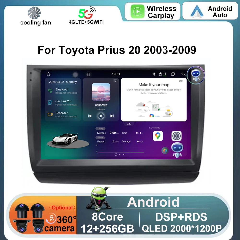 

Android 14 9" For Toyota Prius 20 2003-2009 Carplay Auto Multimedia Video Player Navigation Stereo Car Radio WIFI 4G GPS