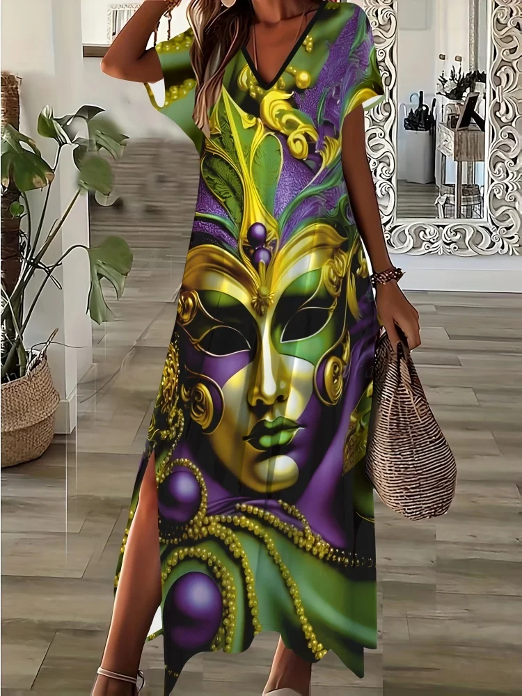 

2025 New Carnival Print Women's Long Dress Summer Casual Women's Short-sleeved V-neck Dress Outdoor Street Fashion Women's Dress