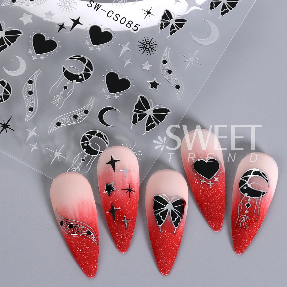 Black Silver Chrome Butterfly Nail Stickers Metal Mirror Star Gilded Design Decals DIY Summer Red Moon Decoration Manicure Wraps