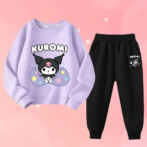 소녀의 만화 Kuromi 인쇄 긴 소매 티셔츠와 단색 바지 2Pcs 어린이 패션 운동복 + 운동복 세트 착용