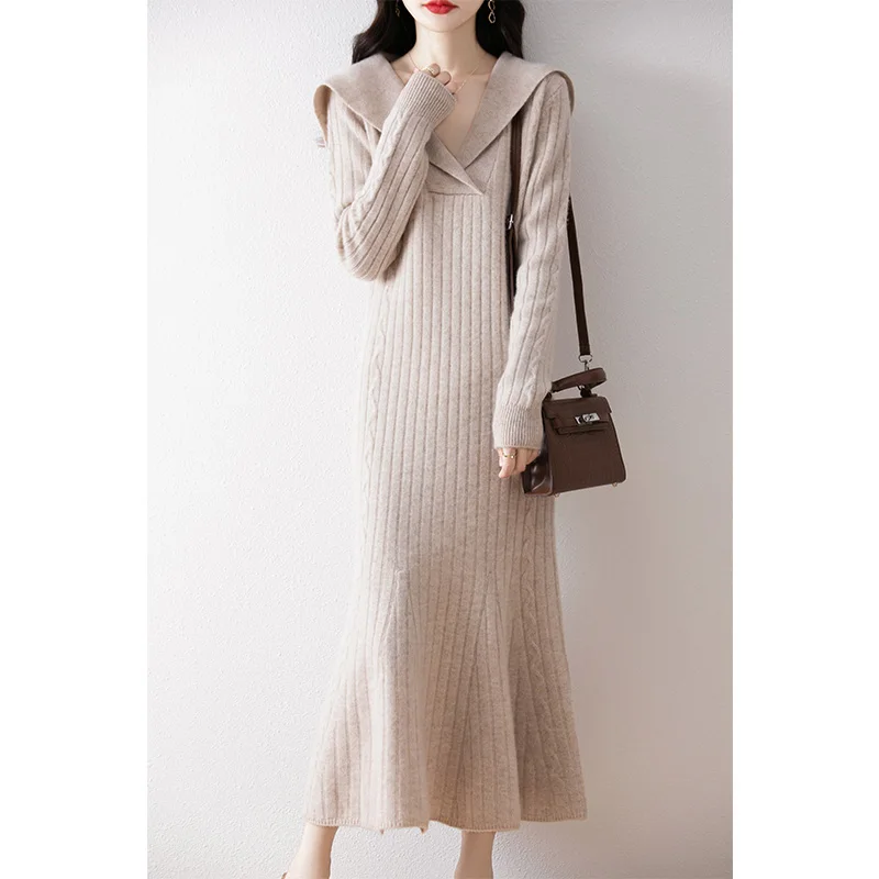 

Женское длинное платье с отложным воротником 2026 года, осенне-зимнее, мягкое, теплое, из 100% мериносовой шерсти, вязаное, элегантное, повседневное, облегающее, в стиле юбки-свитера