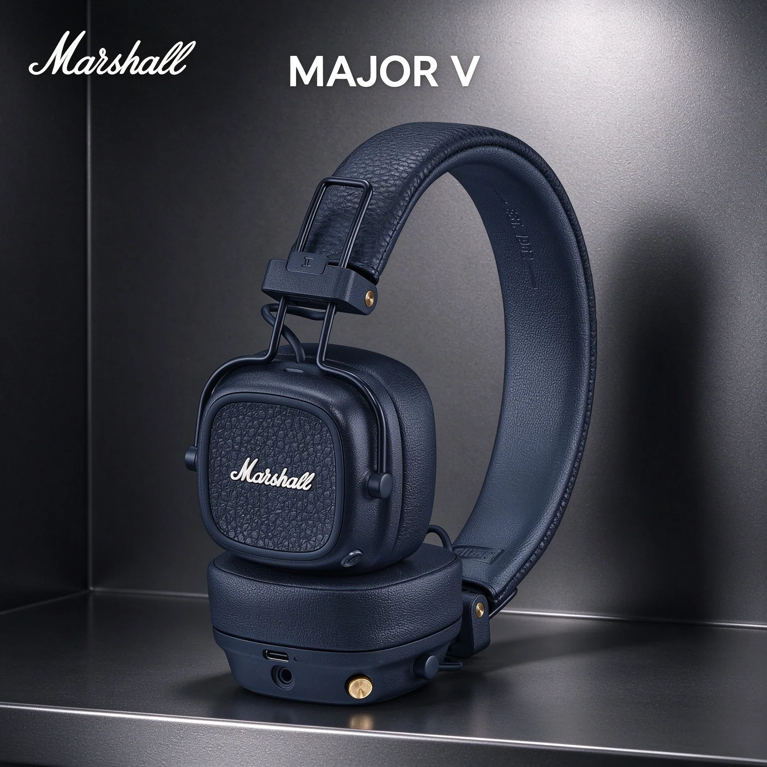 Marshall MAJOR V Wireless On-Ear Headphones, Vintage Leather Finish, Wireless Charging, 3.5mm Cable, Custom M-Button Control