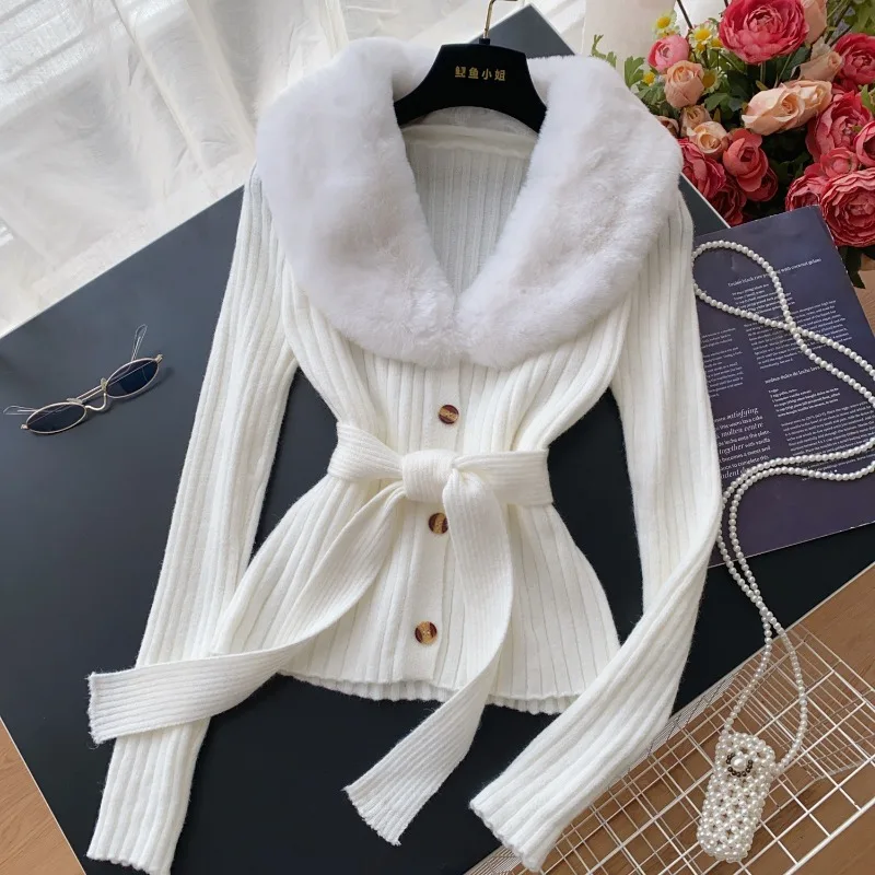 Fluffy Faux Fur Collar Rib Knitted Cardigans with Sashes Elegant High Stretch Women Sexy Long Sleeve Single Breasted Coats