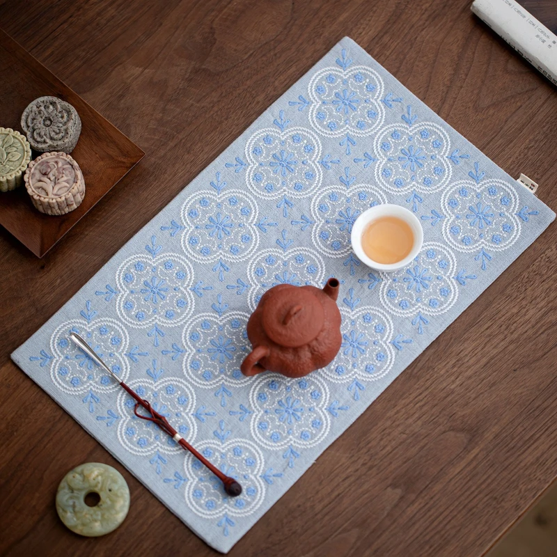 Handmade Embroidered Window Flower Tea Mat Waterproof Dry Brewing Pad for Zen Tea Room Use Home Table Desk Cup