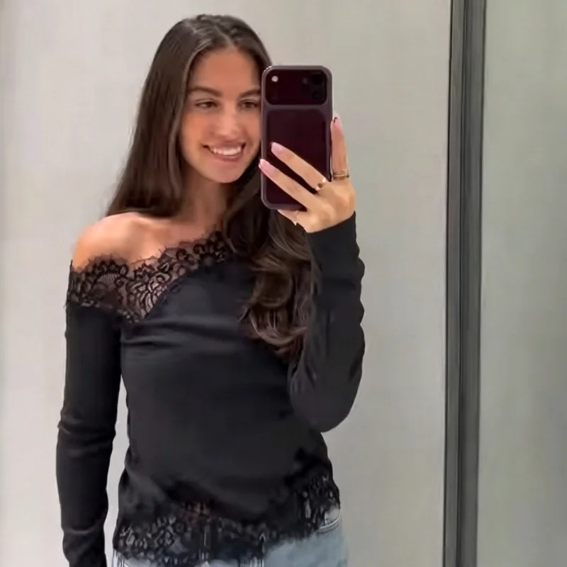 Women Lace Trim Off Shoulder Top Long Sleeve Stretchy Slim Fit Lace Hem Blouse 2026 New Elegant Party Date Clubwear Ladies Shirt