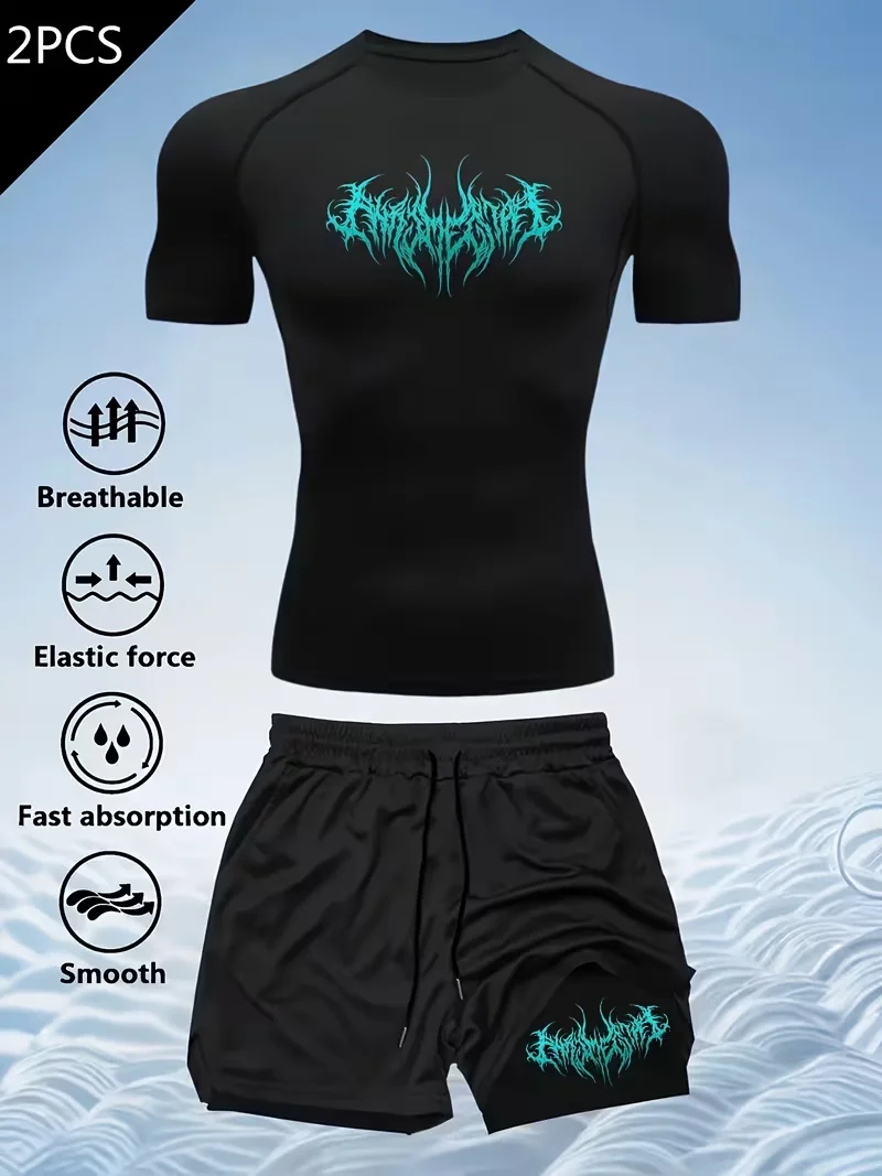 

New men's slim fit suit quick drying round neck quick drying sports T-shirt+double-layer pants gym running hiking football sport