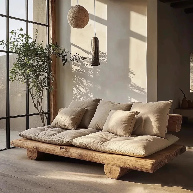 

wabi-sabi log sofa, large straight row sofa chair, living room homestay hotel solid wood, medieval solid wood, Chinese sofa