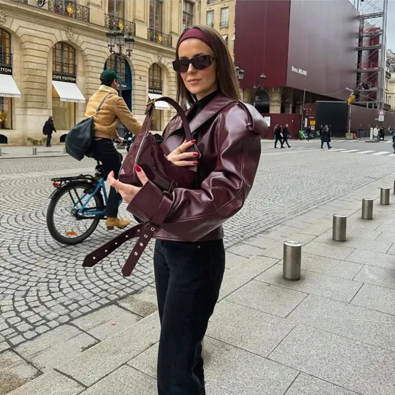 Elegant Wine Red Cropped Leather Jacket Women Fashion Turn-down Collared Long Sleeve Coat 2024 Autumn Streetwear Outfit p1316