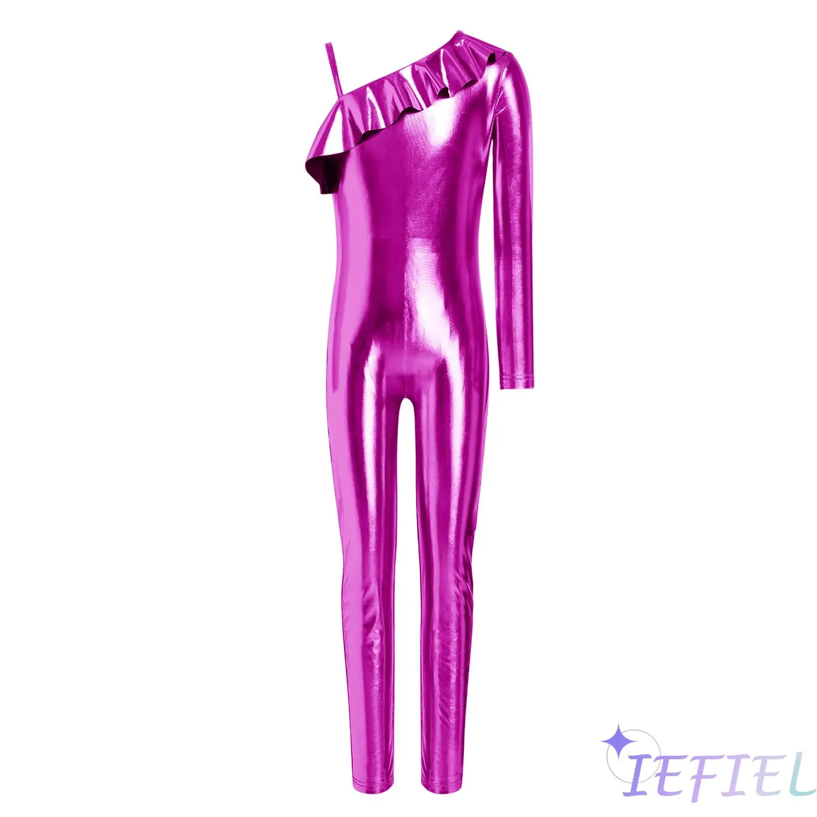 

Kids Gymnastics Jumpsuit Metallic Shiny One Shoulder Long Sleeve Bodysuit Girls Ballet Yoga Dance Performance Unitard Costume