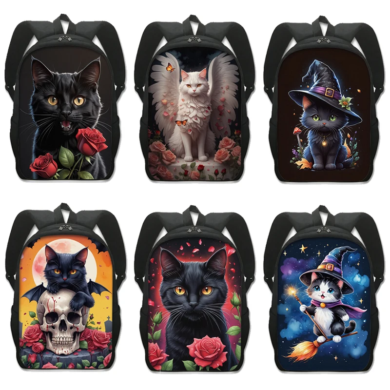 Fantasy Magic Cat Pattern Backpack Black Cat and Roses Women Rucksack Witch Kitten Casual Daypack School Bags for Teens Bookbag