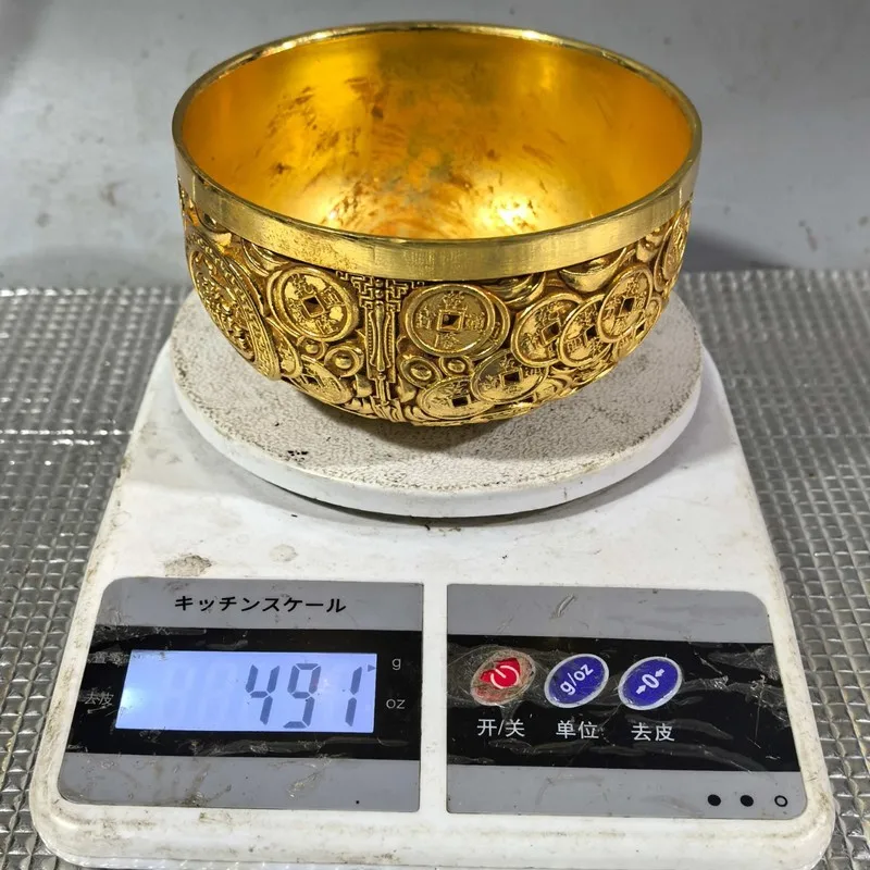 Wealth-attracting copper , antique metal ornament, copperware collection, gilded , finely carved floral bowl, alloy fort