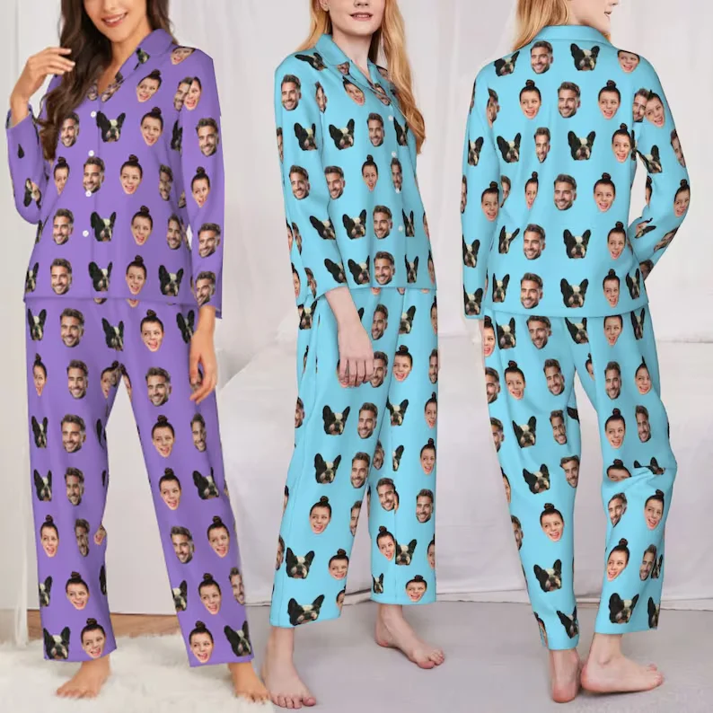 Custom Pet Dogs Cats Pajamas Set Personalised Photo Pyjamas Face Pajamas, Anniversary Party Gift Pjs Custom Family Gift