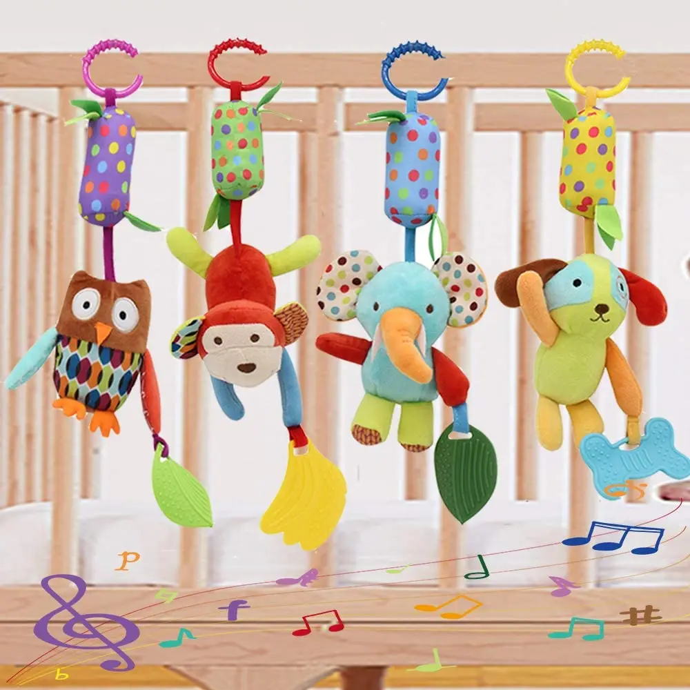 Baby Soft Hanging Rattle Crinkle Squeaky Toy Animal Ring Plush Stroller Infant Car Bed Crib Travel Activity Hanging Wind Chime
