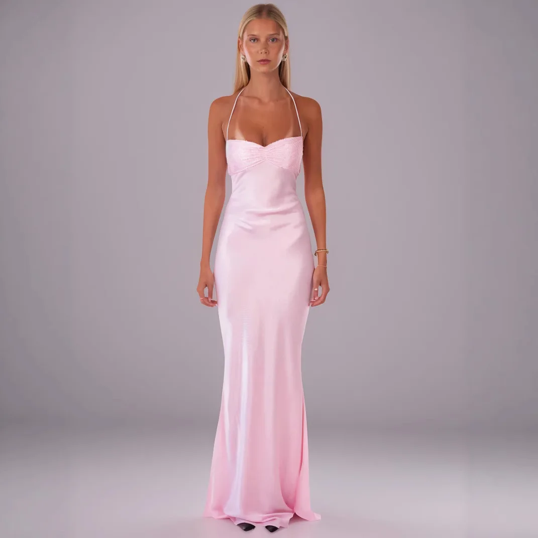 

2025 New Sexy Off-shoulder Sequin Satin Solid Color Backless Tie Bodycon Dress Summer Long Dress Robe Vestido Women Elegant