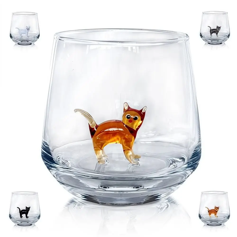 Cute 3D Cat Figurine Glass Cup Handmade Stemless Cat Wine Glass Unique Transparent Coffee Cup For Milk Beer