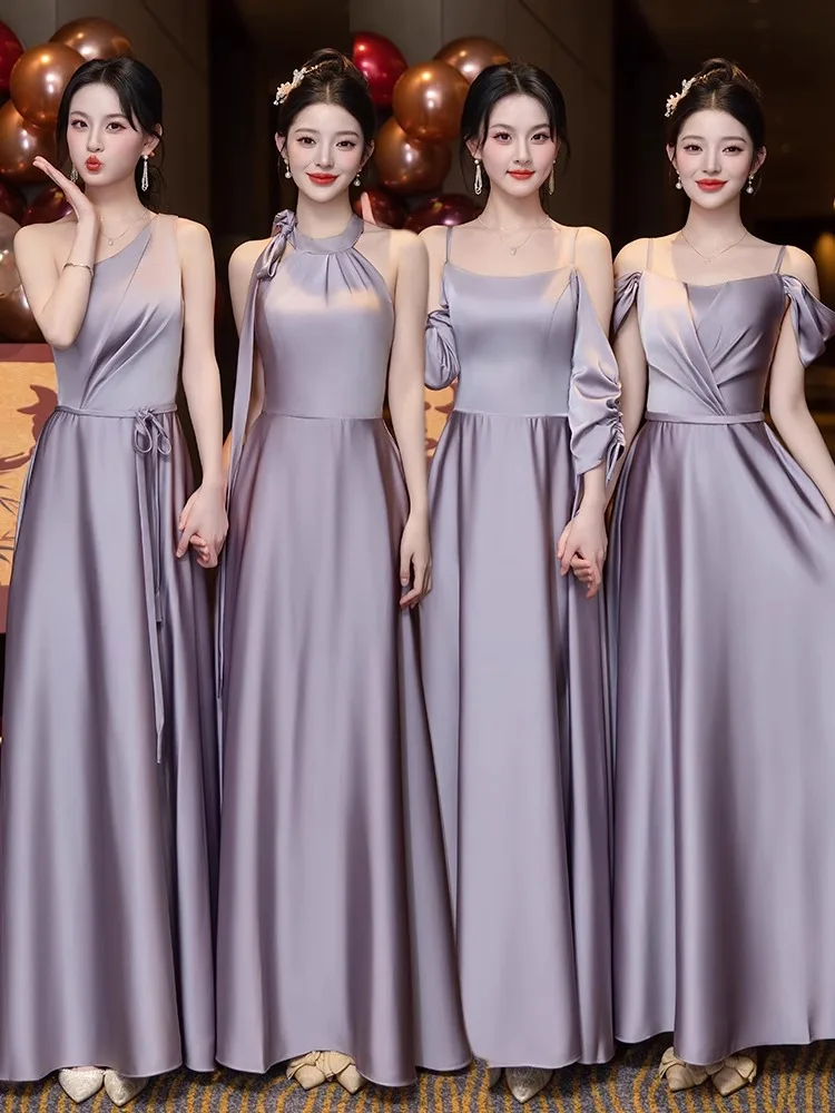 

Maids of Purple Silk Dr Ele Slim Fit Wedding Par Gown Sister up High-End Feel Unique Sle Long Evening Gown