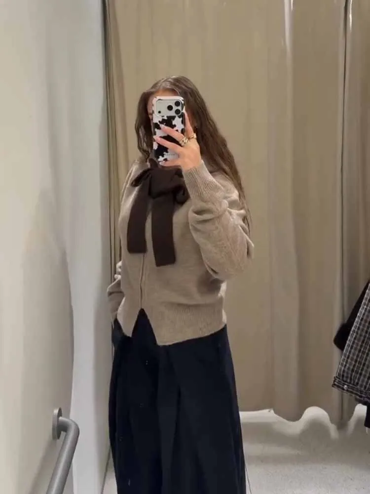 HH Vrouw Lente Trend Mode Lange Mouwen Zoete Prinses Stijl Strik Decoratie Gebreide Jas Met Capuchon Vrouwelijke Veelzijdige Jas