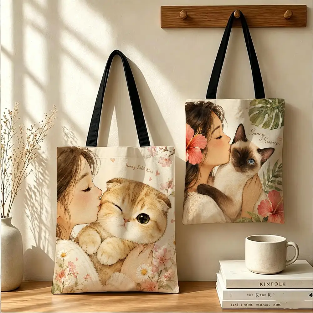 Cat Kisses Storage Bags Large Reusable Canvas Tote Bag, Double-Sided  Print, Stylish Multi-Scene Shopping Handbag Gifting