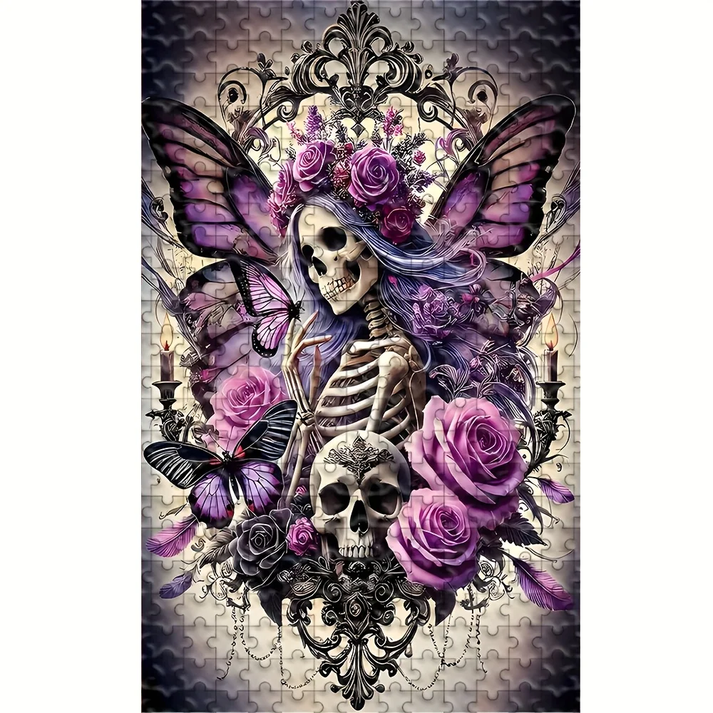 500/1000 Stück gotisches viktorianisches Puzzle für Erwachsene – aufwendiges Totenkopf- und Rosen-Design mit dunkelvioletter und schwarzer Kunst, Challengi