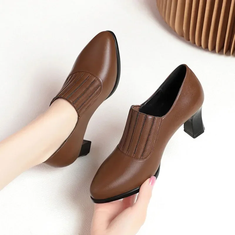 Autumn Women\'s High Heels Fashion 6.5cm Block Heel Leather Ankle Boots Stretch Slip-on Pumps Antiskid Rubber Sole Modern Boots