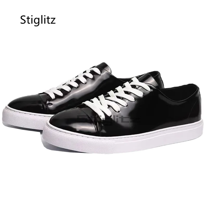 Black Cowhide Men's Leather Boards Shoes Summer Fashion Runway Breathable Casual Sports Shoes All Match Male Lace Up Sneakers