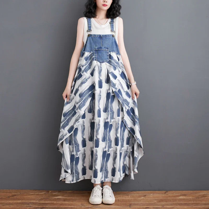 2024 Summer New Elegant women's Dress allentato Denim Patchwork tuta in Chiffon Sexy bretella Dress Spaghetti Strap Robe KE903