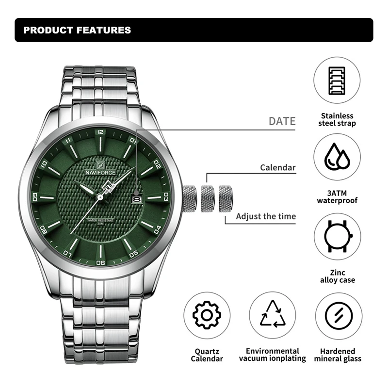 NAVIFORCE NF8032 Men Watches Quartz Date Display Big Dial Clocks Waterproof Steel Strap Casual Fashion Business Wristwatch