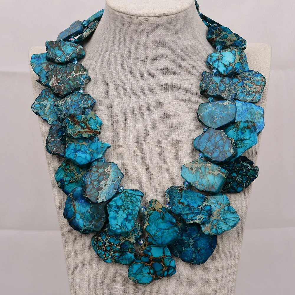 G-G 22\'\' 2 Rows Mix Color Blue Sea Sediment Imperial Jasper Crystal Necklace Handmade For Women