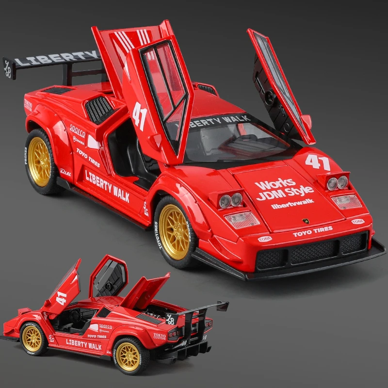 Simulazione Scala 1/32 Countach Liberty LBWK Modello di auto in lega Suono e luce per bambini Pull-Back Veicolo giocattolo in metallo Regalo di nascita