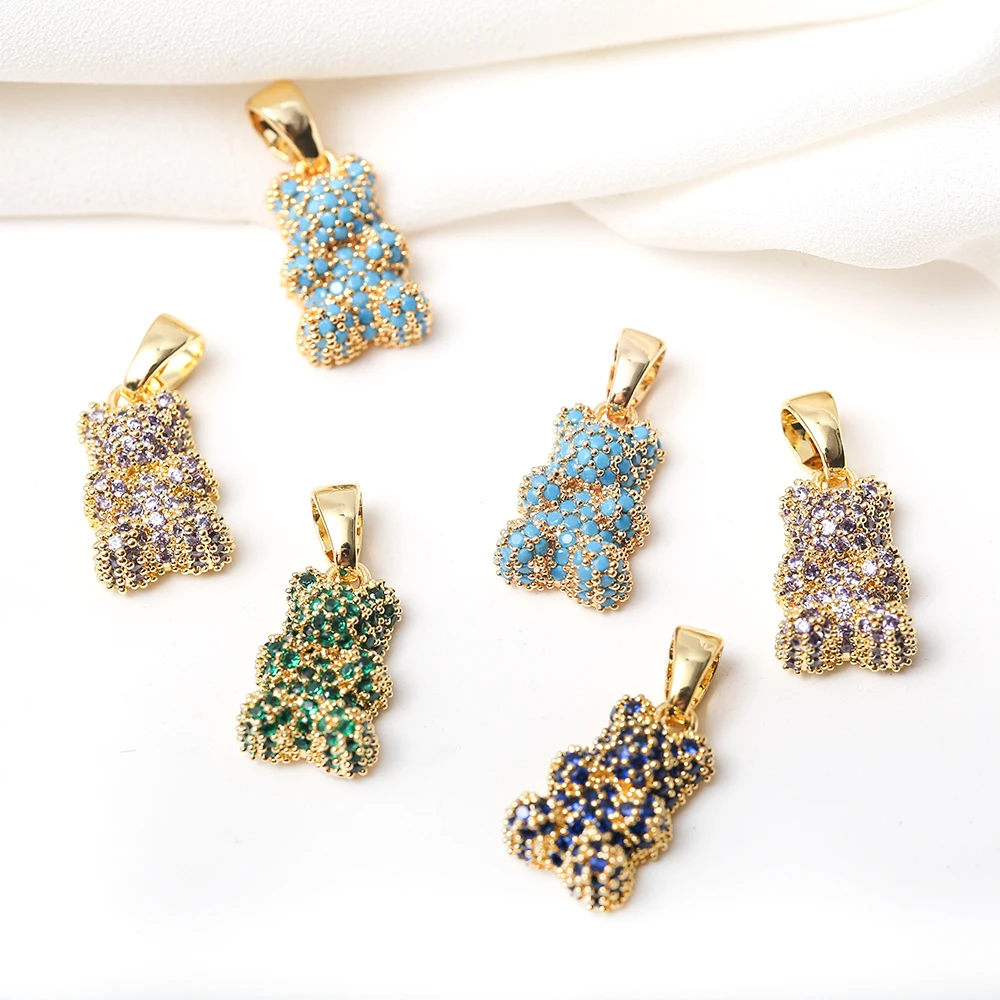 Micro Pave Rhinestones Gummy Bear Pendant With Bail Brass Gold Plated Animal Bear Charm For Diy Bracelet Necklace Jewelry Making