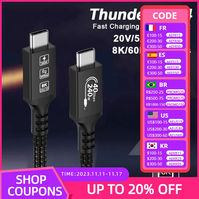 USB4 Cable 40Gbps 8K Type C to Type-C Cord Cables 240W Fast Charge Compatible Thundebolt 4 Full-Featured Data Wire Support 6K 5K