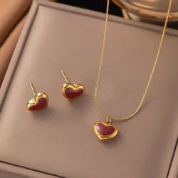 Stainless Steel Red Love Heart Pendant Necklace Earrings Jewelry Set For Women Girls Gold Color Chain Accessories Birthday Gifts