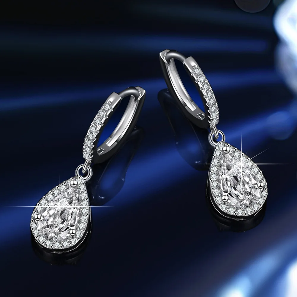 

Exquisite 925 Sterling Silver Water Drop Round Inlay Zircon Pendant Hoop Earrings Women Wedding Jewelry Rhinestone CZ Eardrop