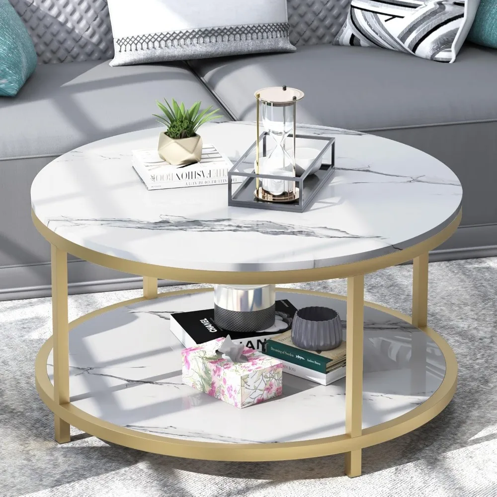 

Round Coffee Table 33.5" Coffee Tables Room High Glossy Faux Marble Top Circle Table Sturdy Gold Frame Legs Cocktail Table