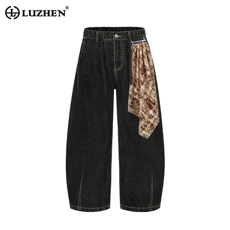 

LUZHEN 2025 New Trendy Original Patchwork Ribbon Decorate Straight Casual Jeans Men's Solid Color Wide Leg Denim Pants JY2158