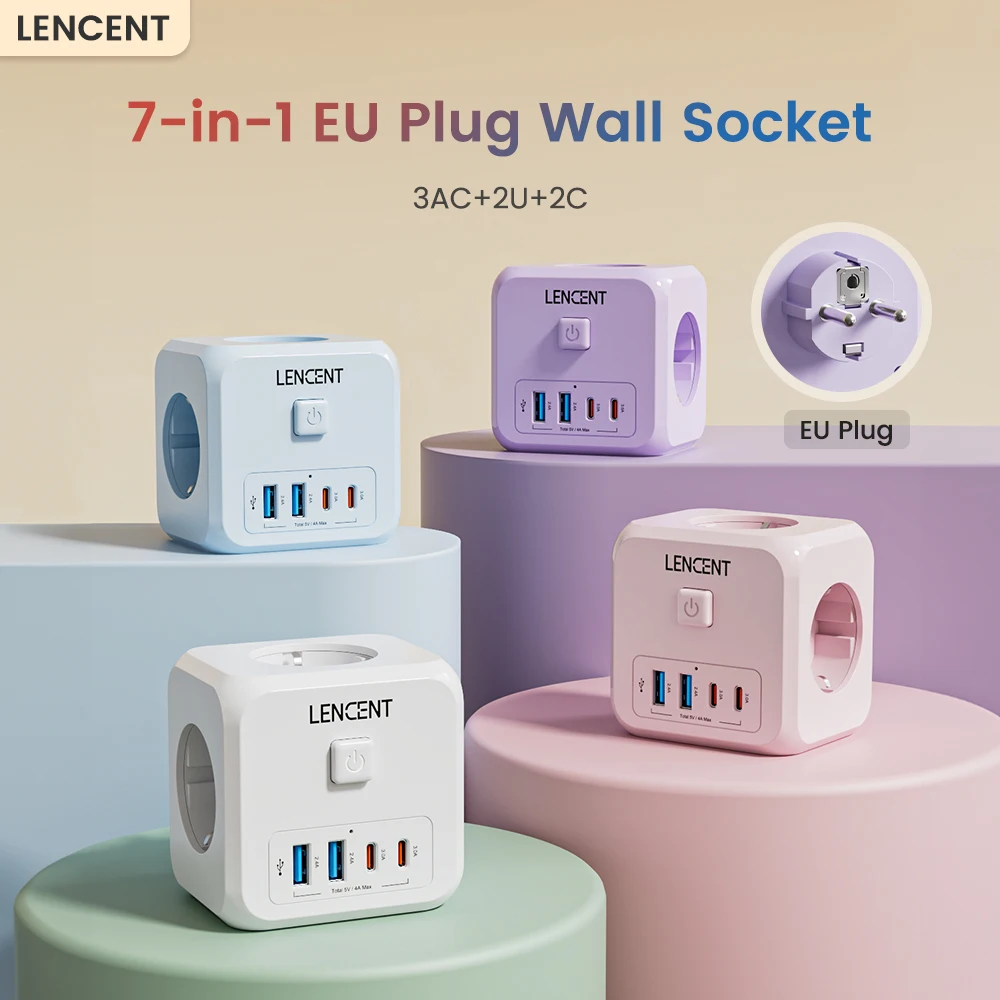 LENCENT 7-in-1 EU przedłużacz gniazdo ścienne z gniazdami 3AC + 2 USB-A + 2 USB-C gniazdo typu Cube przełącznik do domu