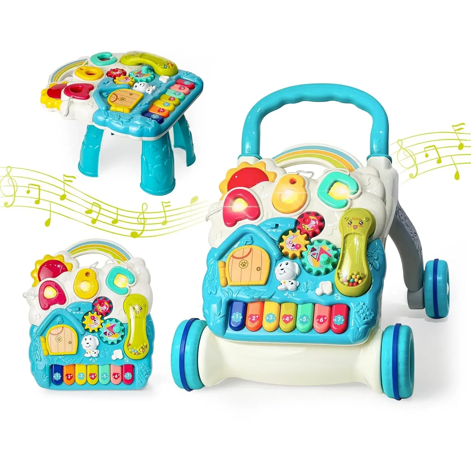 

Sit to Stand Baby Walker, Activity Center with Music & Light, Push Toy for Toddlers, Early Education Gift for 6+ Months (Blue)