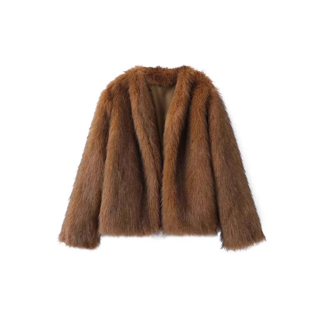 

For Lady Loose Fit Female's Faux Fur Jacket 2025 Winter Women's Artificial Gradient Fur Coat V-Neck Fluffy Warm Fox Fur Jacket