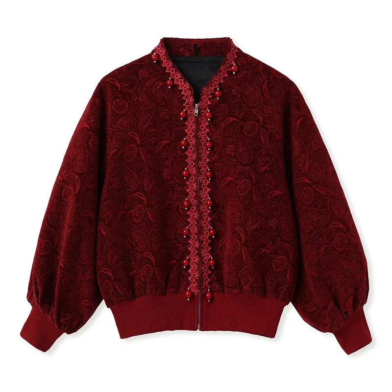 Autumn Winter Jacquard Embroidered Lantern Sleeves Chinese Style Top Jacket Temperament Beaded Decorative Zipper Short Top