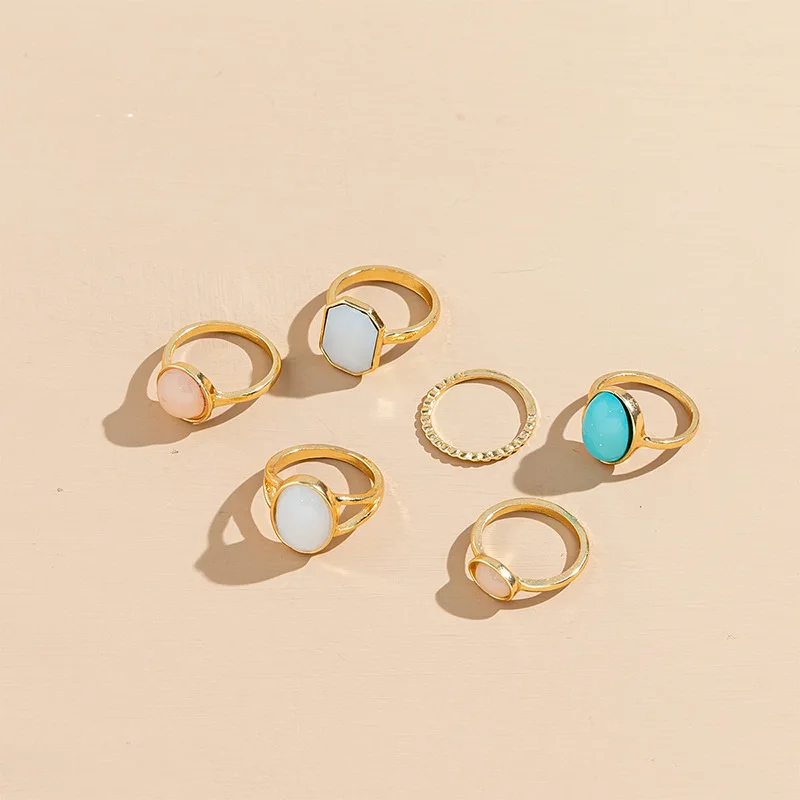 6-Piece moonstone ring women's niche alloy bottom support with diamonds niche Amazon cross-border hot-selling jewelry