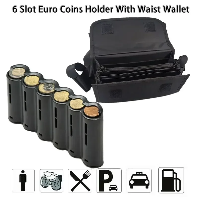 6 Slots Euro Coin Dispenser Multi Pocket Purse Waist Wallet With Zipper Pocket Coin Sorter Collector Cash Receipt Coins Safe