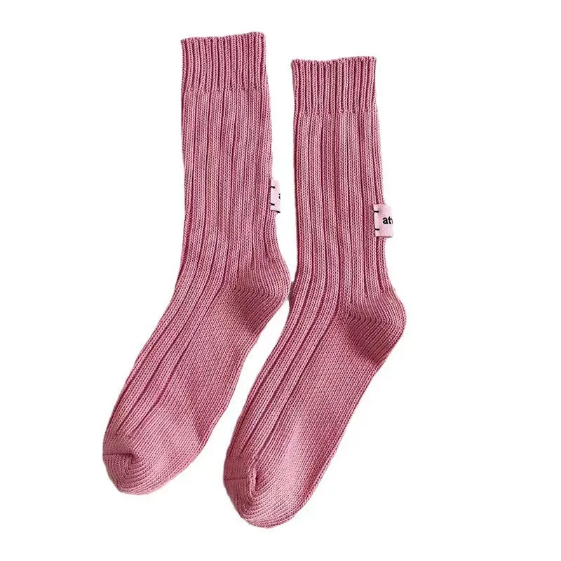 Korean Needle Thick Thread Knitted Middle Tube Socks Cotton Japanese Simple Pink Label Men Women Couples Sports Stacked Socks