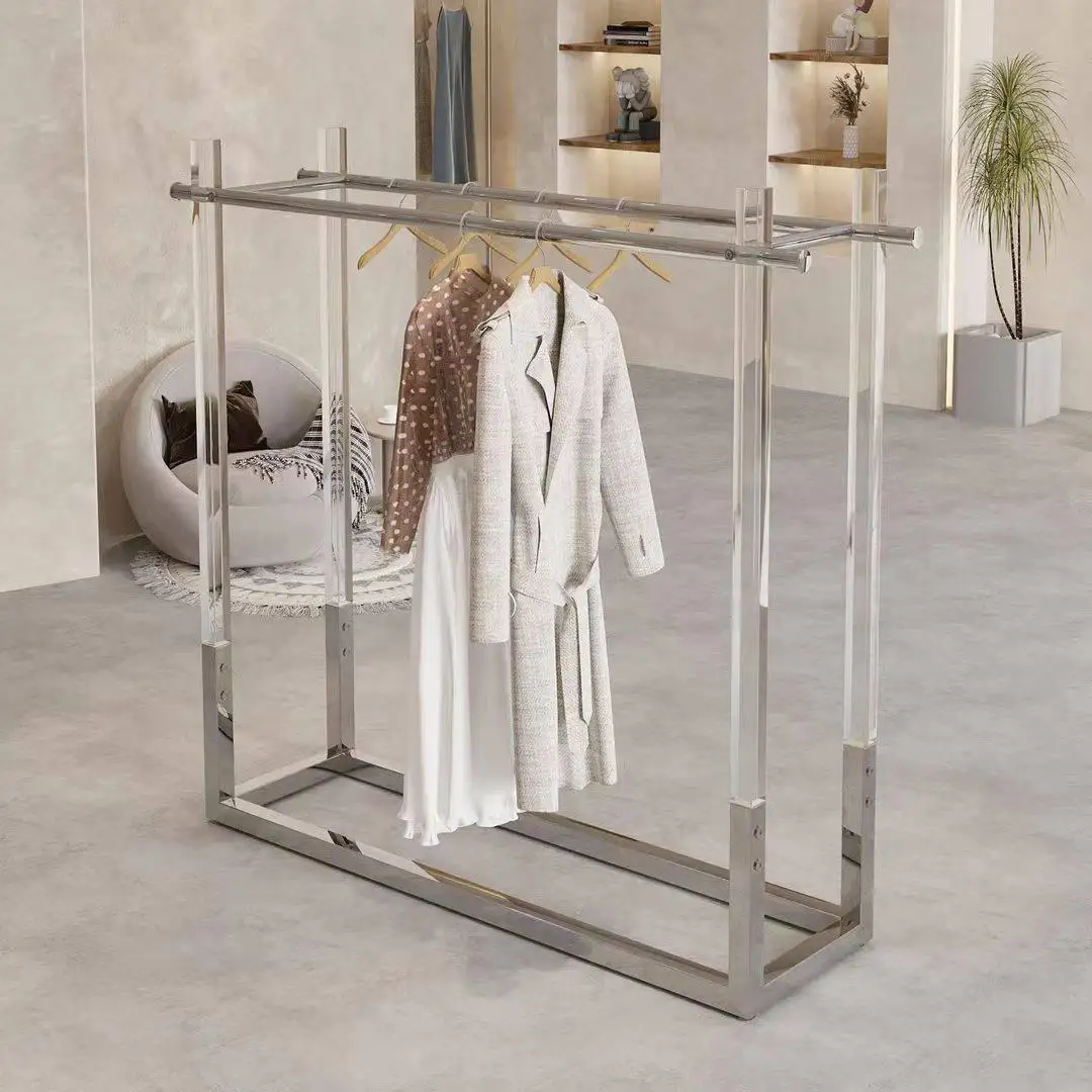 Clothing store display rack, stainless steel acrylic island rack, double bar floor rack, men's and women's clothing store