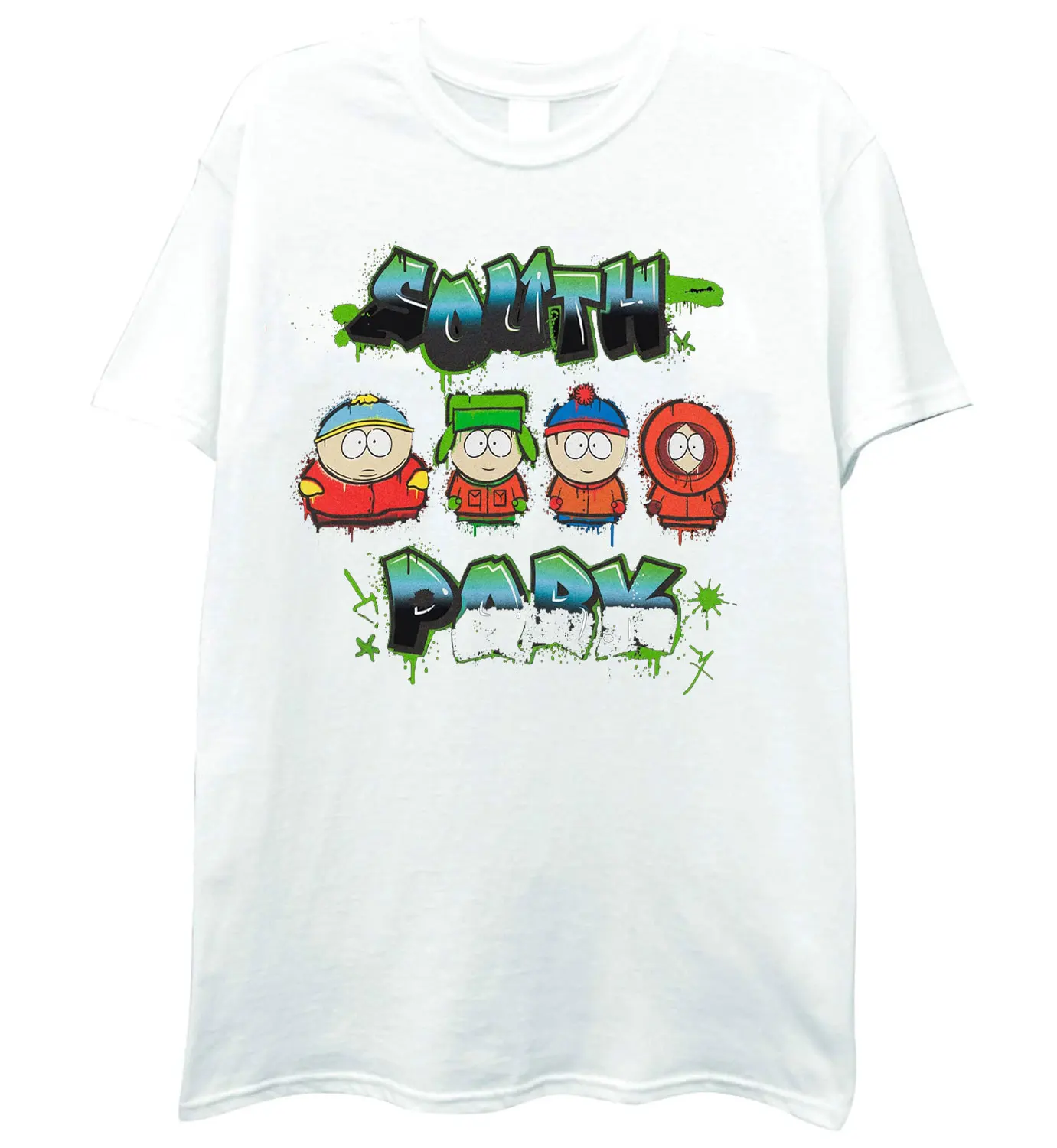 South Park Heren Korte Mouw T-Shirt Volwassenen Zwart Met Groene Graffiti Grafische T-Shirt Geanimeerde Comedy Serie Kleding Top Katoenen Tops