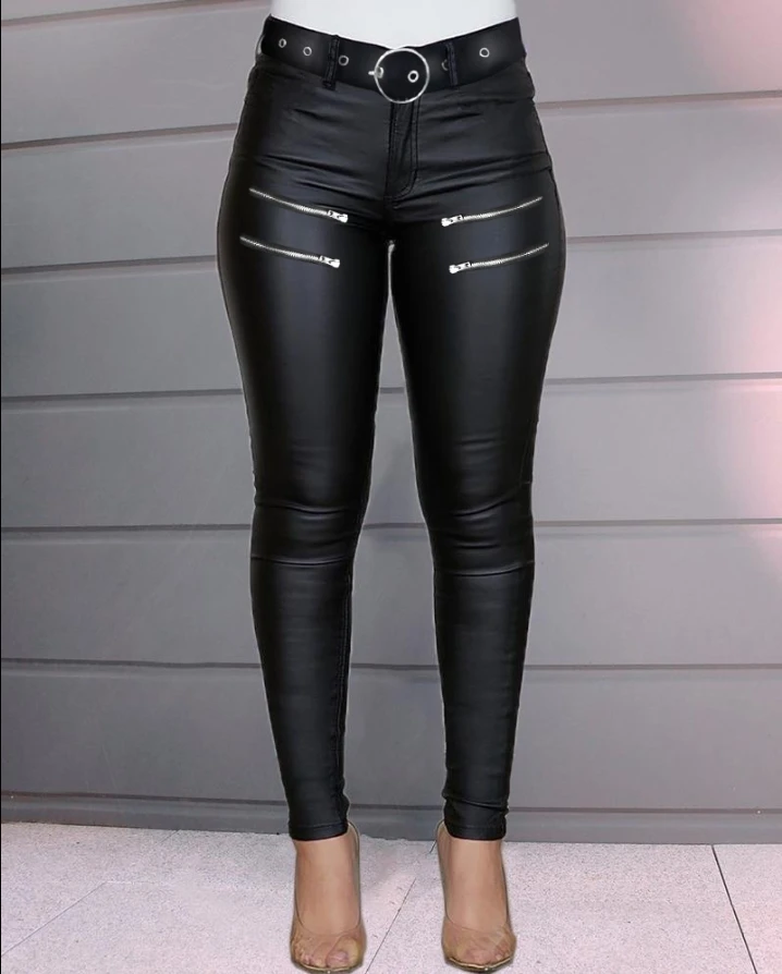 Women's Long Pant 2023 Zipper Design High Waist Pu Leather Skinny Pants Autumn Winter All Match Pencil Leather Pants