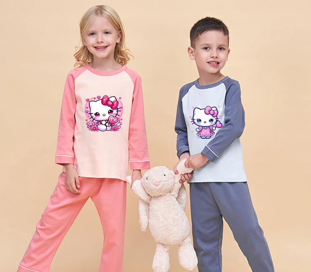 

Комплекты одежды из 100% хлопка Hello Kitty, одежда для сна с героями мультфильмов для мальчиков и девочек, штаны с длинными рукавами, детский домашний пижамный комплект, детский подарок