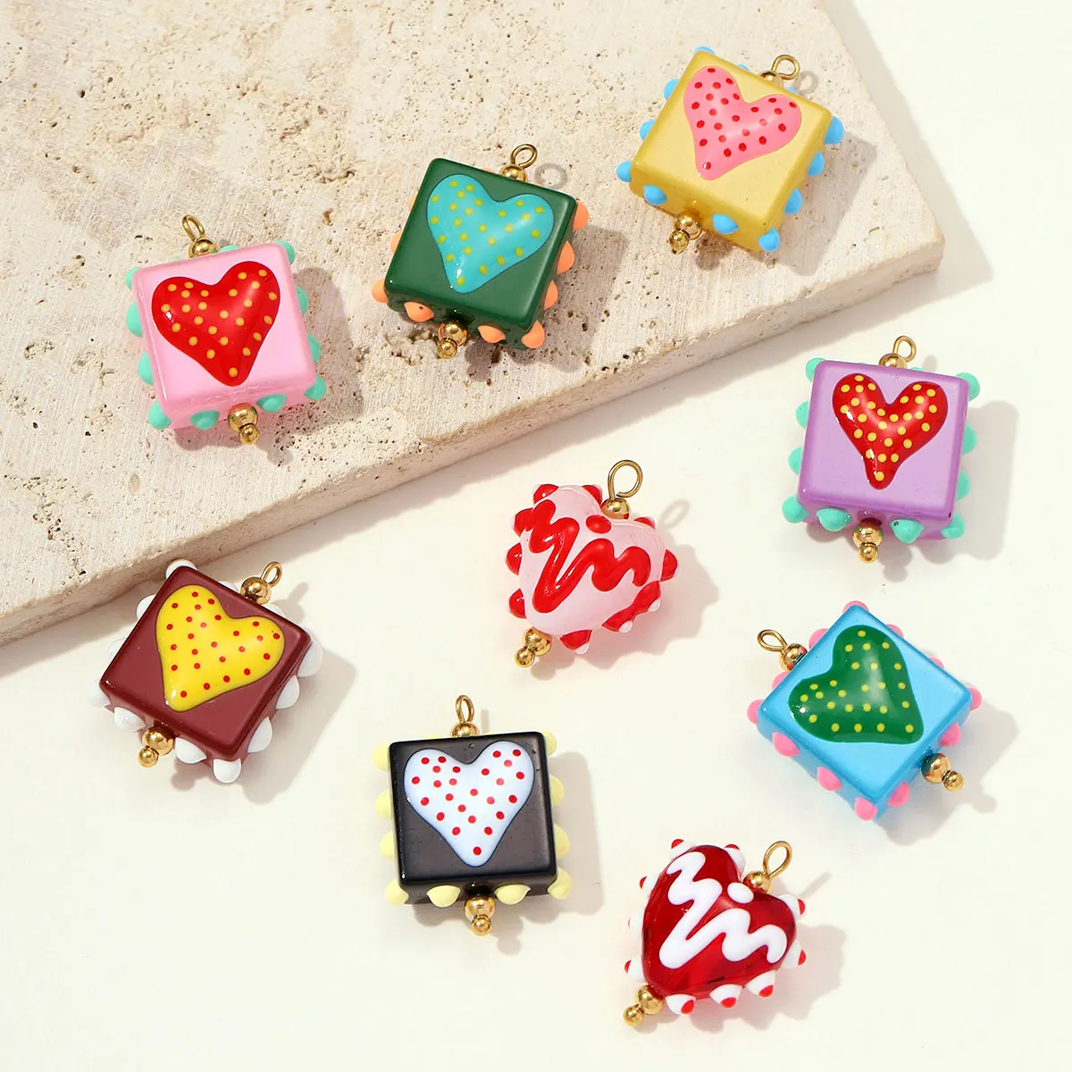 

3Pcs/Lot Stainless Steel Heart Charms Lampwork Glass Pendants For DIY Making Women Square Coloured Glaze Jewelry Accessory