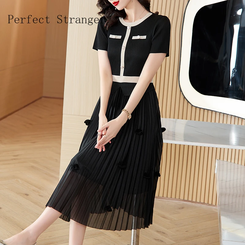 Sanzhai Falten kleid Sommer Frauen O-Ausschnitt Blütenblatt Dekoration elastischen Rock Slim Fit große schlanke knielange Kleid Robe