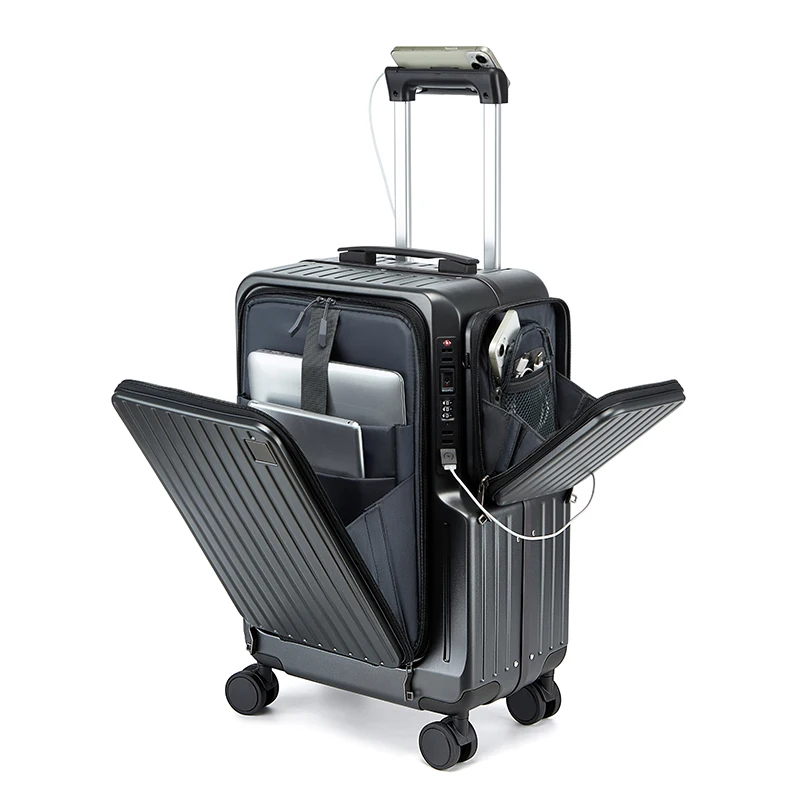 

Front-opening Carry on Suitcase multiple function Laptop Boarding Case with USB Charging Trolley Case 20 Inch A Travel Luggage