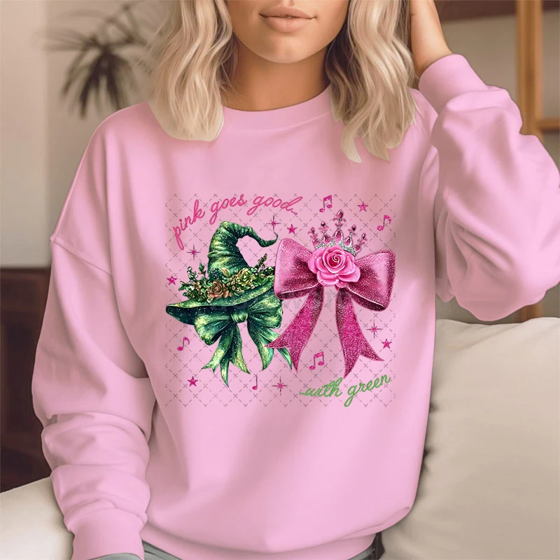 

Pink Goes Good With Green Printed Tracksuit Women Fashion Fantasy Film Hoodie Creative Witch Hat Bowknot Harajuku Sweatshirt